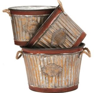 Deer Park Ironworks - Wide Corrugated Oval Tub Planters Set - Natural Patina - 3Pc Deer Park Ironworks - Wide Corrugated Oval Tub Planters Set - Natural Patina - 3Pc